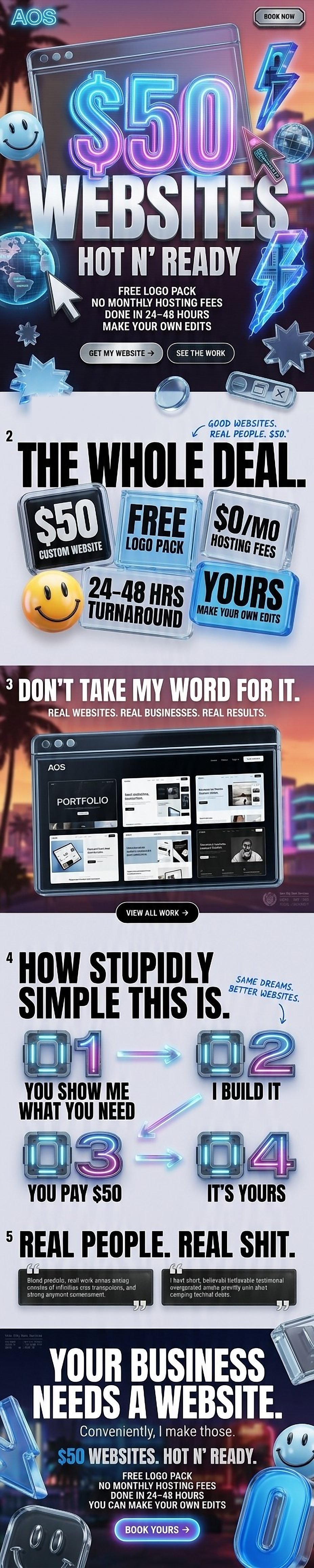 AOS $50 Websites poster: hot-and-ready custom websites with a free logo pack, no monthly hosting fees, 24–48 hour turnaround, and full ownership to edit yourself.